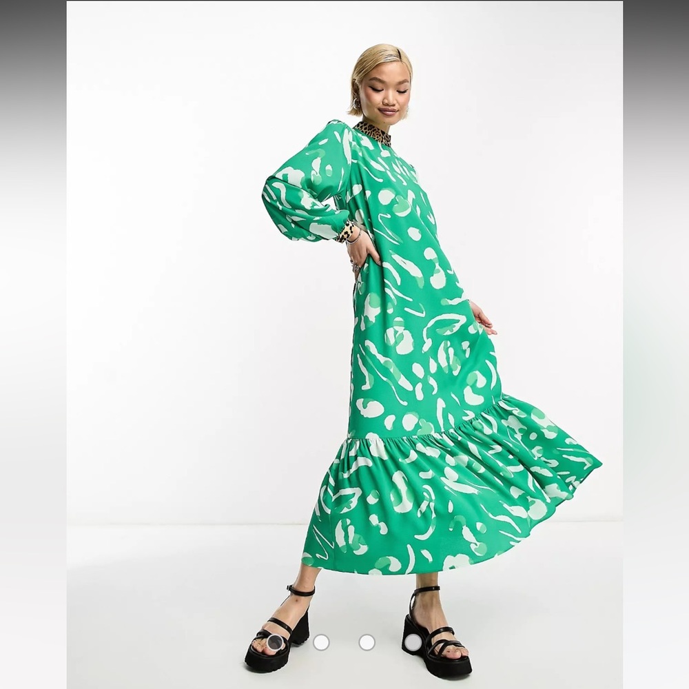 ASOS mixed print high neck smock maxi dress in green print